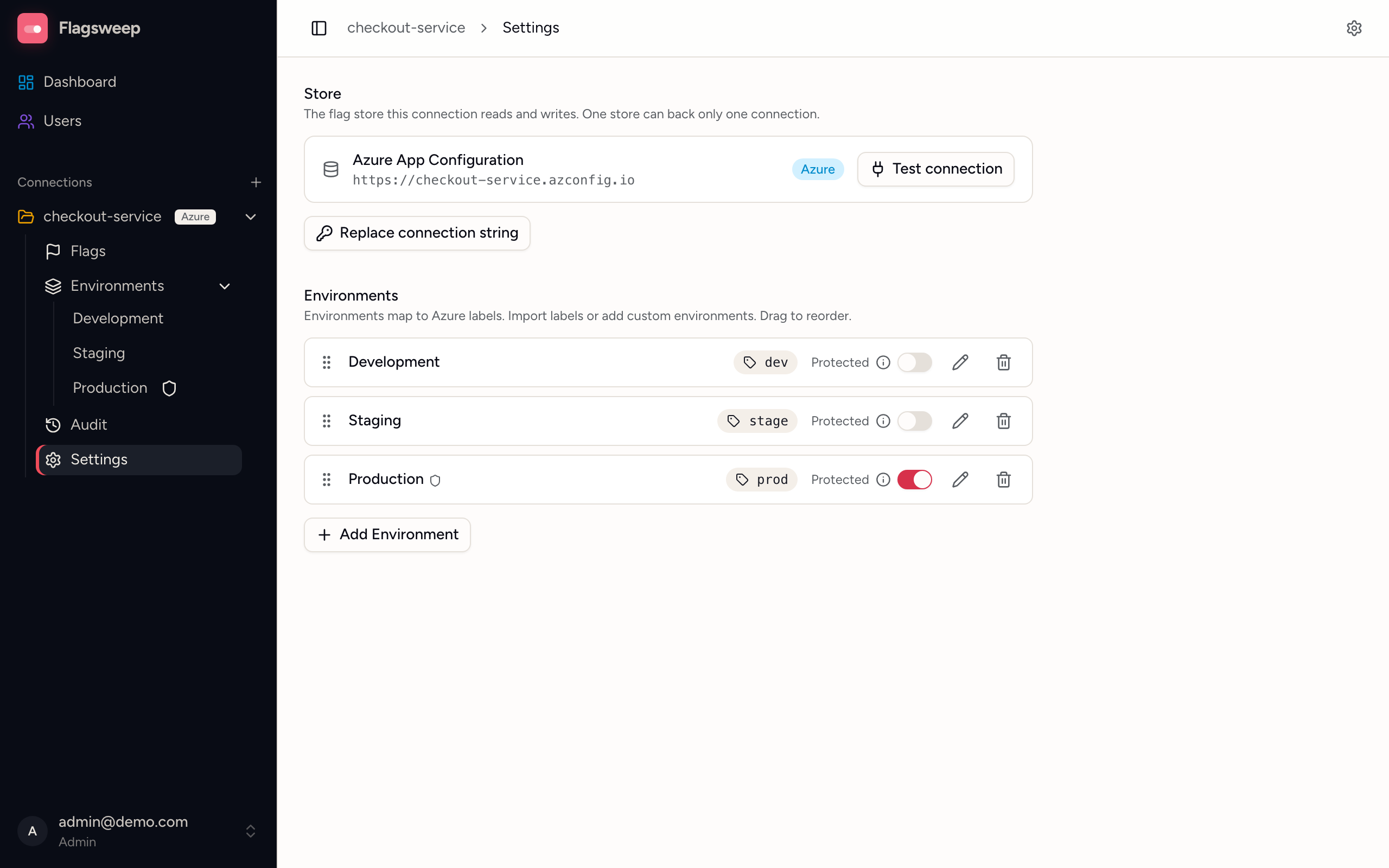Connection settings: three environments with their labels, protection toggles, and reorder handles