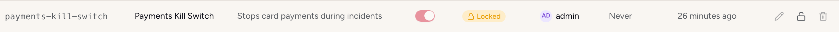 A locked flag row: the Locked badge in the Status column, with the switch, pencil and trash disabled