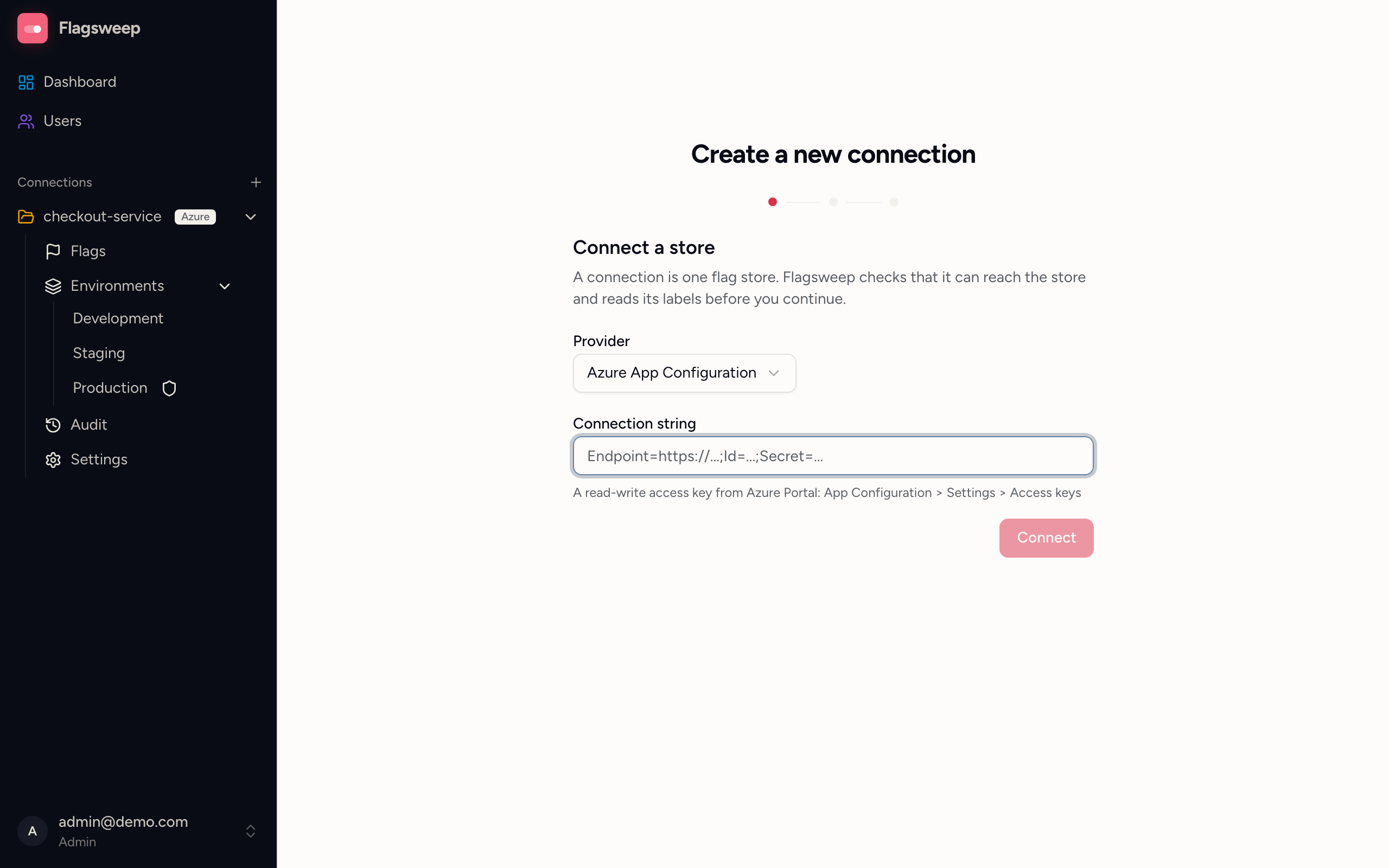The first step of the new connection wizard, where the store's connection string is pasted