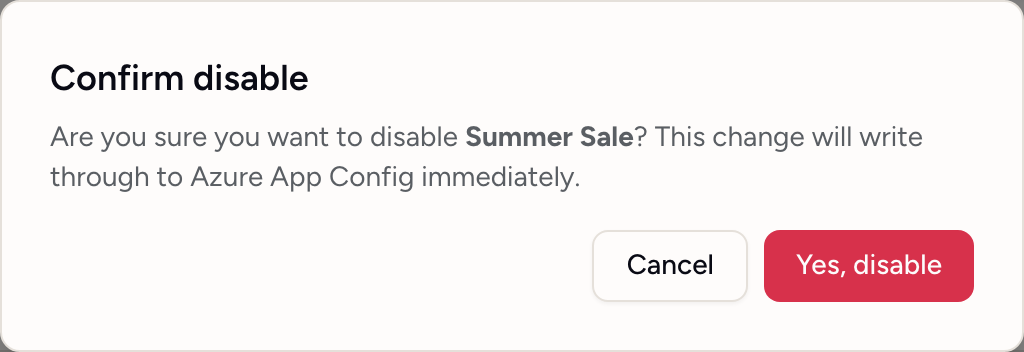 The confirmation shown before toggling a flag in a protected environment